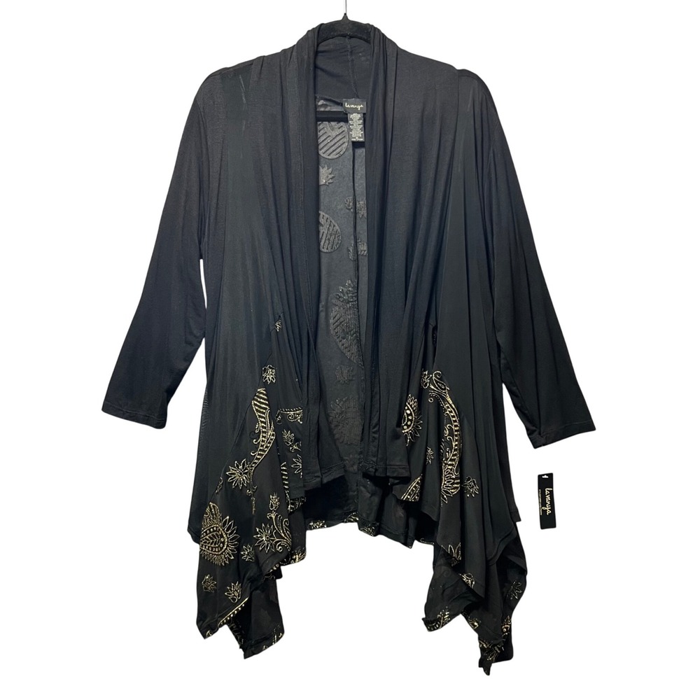 Lavanya Black Gold Paisley Print Mesh Overlay Drape Cardigan M Open Front Boho‎